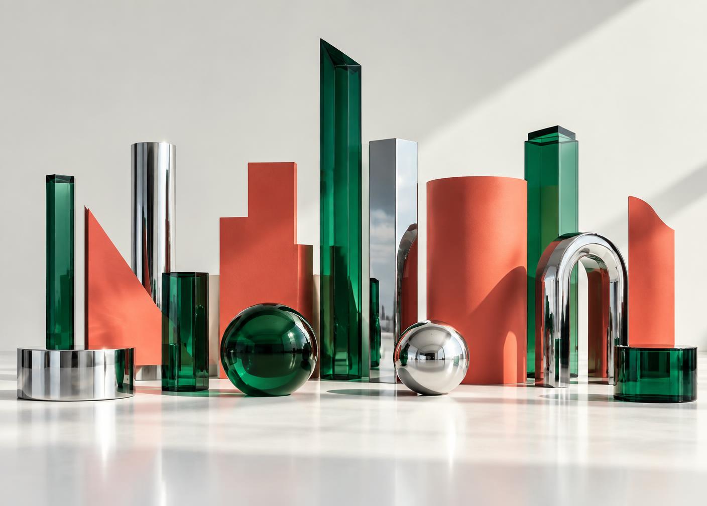 Abstract coral and green city-like forms